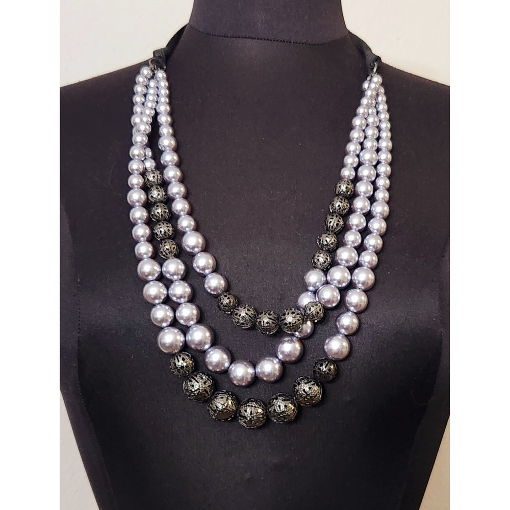 Triple Strand Beaded Necklace Silver Beads Black Filigree Balls Ribbon Accent